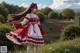 A woman in a red and white dress standing in a field.