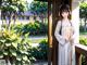 A woman in a white kimono standing on a porch.